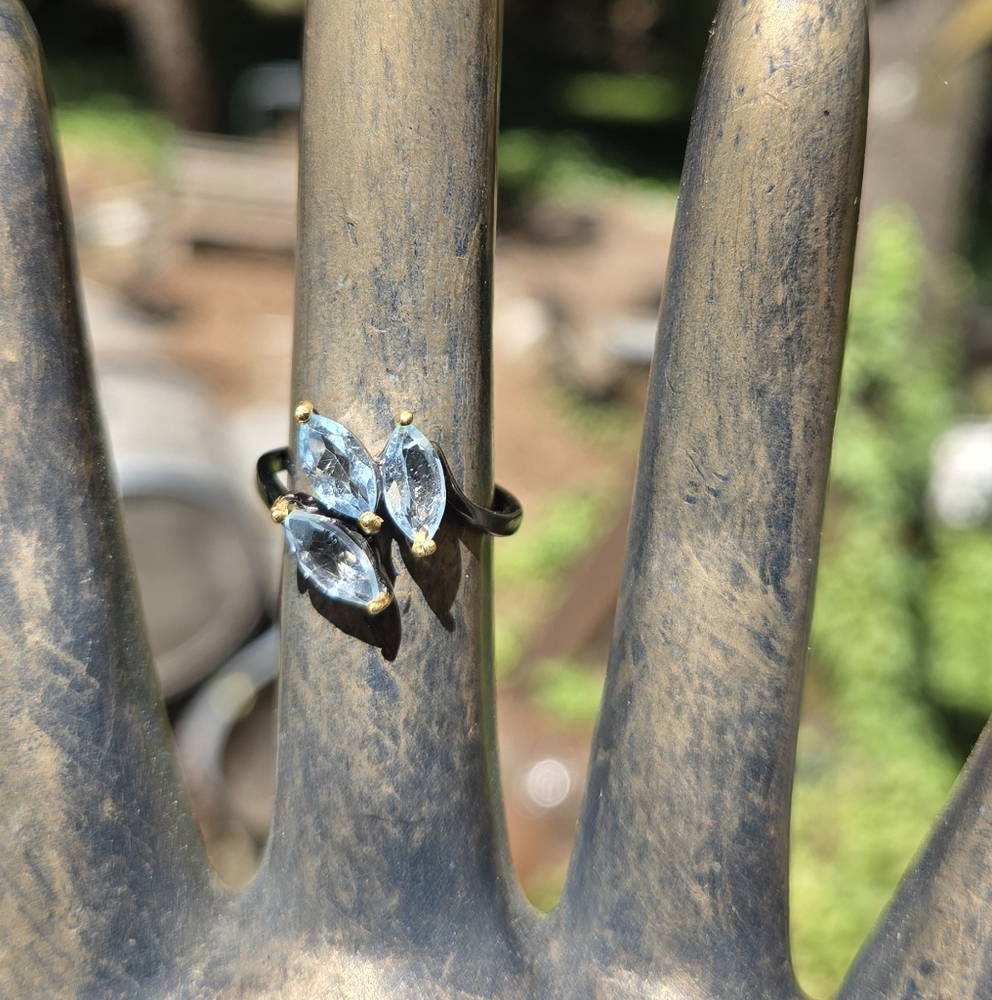 Blue Topaz Natural Gemstone Sterling Rhodium & Gold Ring Sz7 - Picture 3 of 8